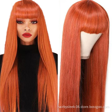 Hot selling Orange brown Burgundy black16~28 inches Straight Wig With Bang Brazilian Remy Human Hair Wig  Full Machine Made Wig